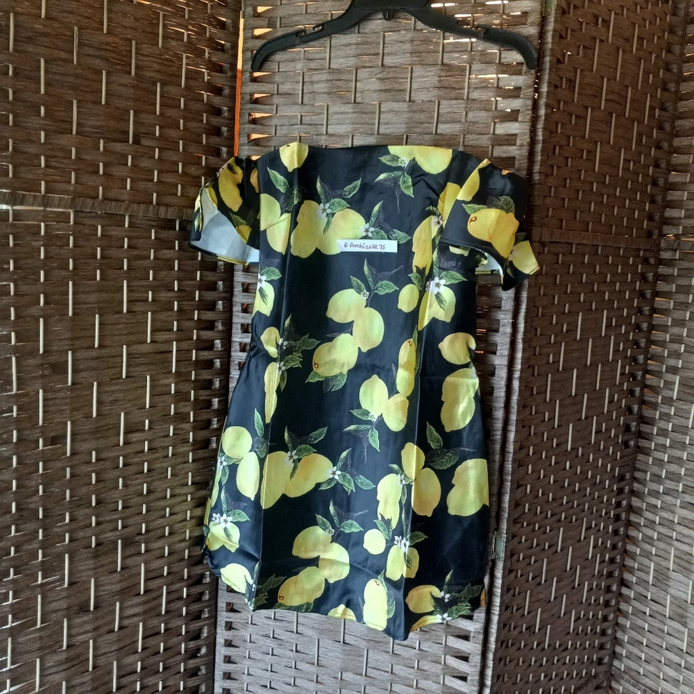 Rosette Lemon Print Off Shoulder Vacation Tropical Mini Dress